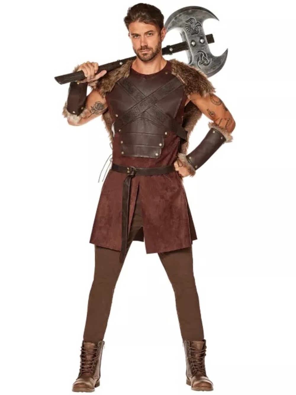 Spirit Men's Brown Viking Warrior Costume with Faux Fur Shoulder Accents